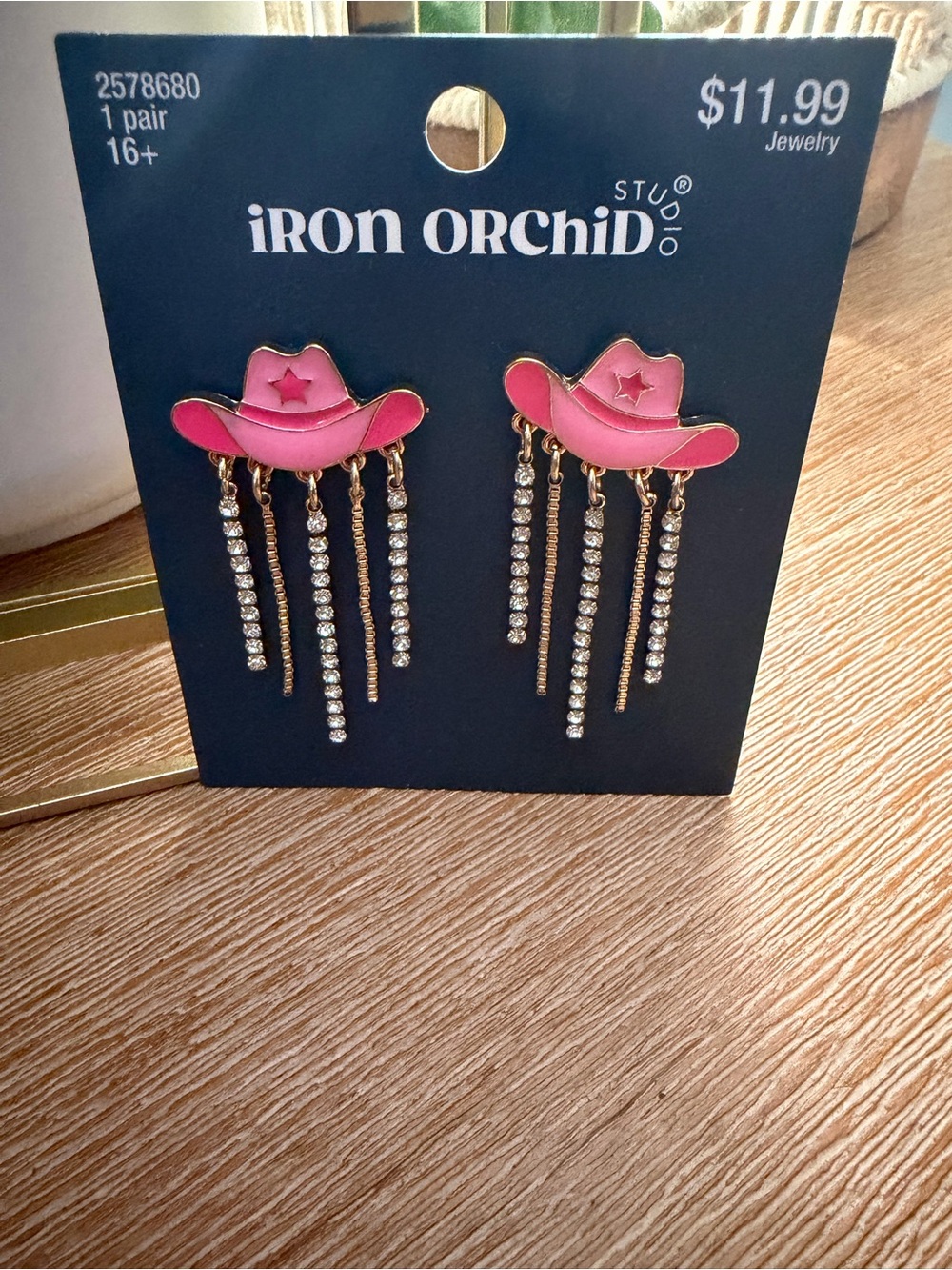 Pink Cowboy Hat Dangle Earrings with Rhinestone Tassels - Women's Jewelry